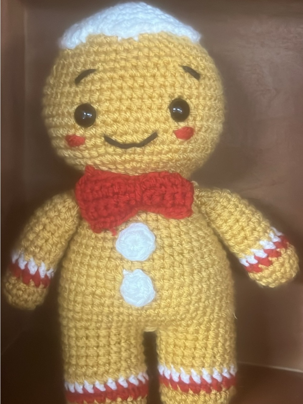 Handmade Tan Crocheted Gingerbread Doll Toy with Red Bow